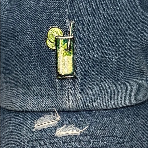 New Custom Designed Blue Distressed Baseball Cap with Embroidered Mojito